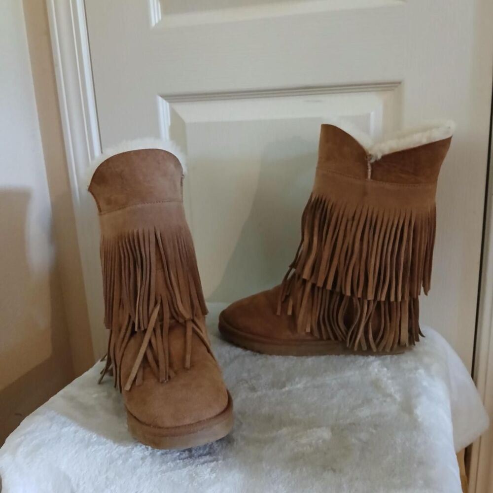Koolaburra by UGG Tan Suede Double Fringe Boots Tan Chestnut 8 Indie Festival